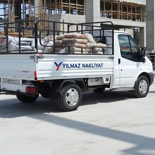 Yılmaz Nakliyat İnşaat alanında, çimento torbaları taşıyan Yılmaz Nakliyat kamyoneti.