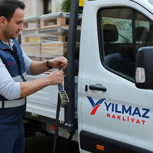 Yılmaz Nakliyat Yılmaz Nakliyat çalışanı, paletli yükleri güvenli taşıma için kamyonette sabitliyor.