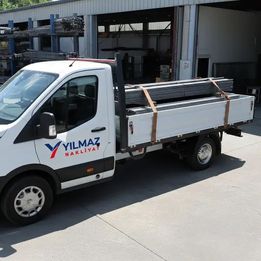 Yılmaz Nakliyat Yılmaz Nakliyat firmasına ait, metal profillerle yüklü beyaz kamyonet, depo önünde taşıma için bekliyor.