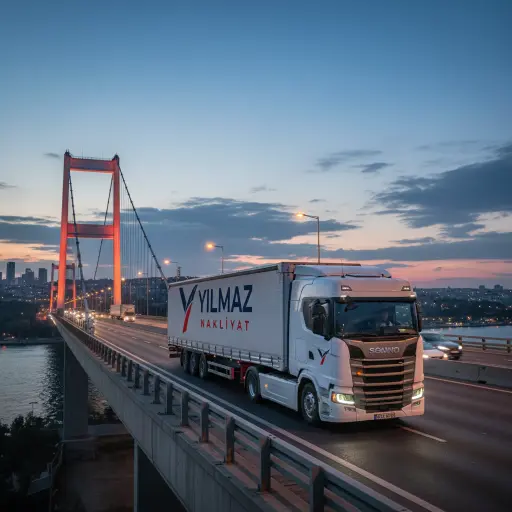 Yılmaz Nakliyat tırı, İstanbul Boğaz Köprüsü'nden geçerken uluslararası taşımacılık ve lojistik hizmetlerini temsil ediyor.